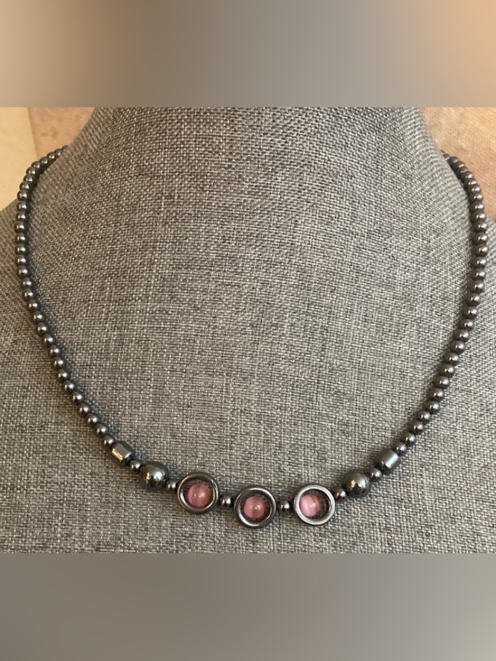 Vintage 80s Hematite Stone and Pink Cats Eye Stones Necklace